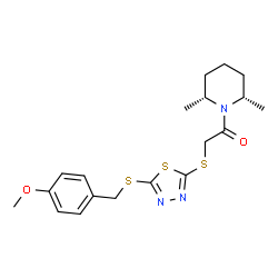 ChemSpider 2D Image | 1-[(2R,6S)-2,6-Dimethyl-1-piperidinyl]-2-({5-[(4-methoxybenzyl)sulfanyl]-1,3,4-thiadiazol-2-yl}sulfanyl)ethanone | C19H25N3O2S3