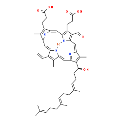 ChemSpider 2D Image | [3,3'-{3-Formyl-8-[(1S,4E,8E)-1-hydroxy-5,9,13-trimethyl-4,8,12-tetradecatrien-1-yl]-7,12,17-trimethyl-13-vinyl-2,18-porphyrindiyl-kappa~2~N~21~,N~23~}dipropanoato(2-)]iron | C49H56FeN4O6