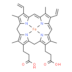 ChemSpider 2D Image | [3,3'-(3,7,12,17-Tetramethyl-8,13-divinyl-5,20,22,24-tetrahydroporphyrin-2,18-diyl-kappa~4~N~21~,N~22~,N~23~,N~24~)dipropanoato(4-)]iron | C34H34FeN4O4
