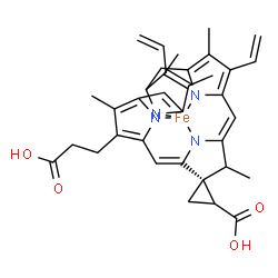 ChemSpider 2D Image | [(1R)-20'-(2-Carboxyethyl)-5',10',15',19'-tetramethyl-9',14'-divinyl-21',22',23',24'-tetraazaspiro[cyclopropane-1,4'-pentacyclo[16.2.1.1~3,6~.1~8,11~.1~13,16~]tetracosane]-1'(20'),2',6',8',10',12',14'
,16',18'-nonaene-2-carboxylato(4-)-kappa~4~N~21'~,N~22'~,N~23'~,N~24'~]iron | C34H32FeN4O4