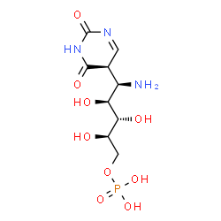 ChemSpider 2D Image | (1R)-1-Amino-1-deoxy-1-[(5R)-2,6-dioxo-1,2,5,6-tetrahydro-5-pyrimidinyl]-5-O-phosphono-D-ribitol | C9H16N3O9P