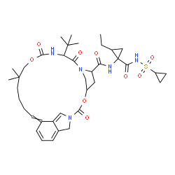 ChemSpider 2D Image | (1R,11Z,21S,24S)-N-{(1R,2R)-1-[(Cyclopropylsulfonyl)carbamoyl]-2-ethylcyclopropyl}-16,16-dimethyl-21-(2-methyl-2-propanyl)-3,19,22-trioxo-2,18-dioxa-4,20,23-triazatetracyclo[21.2.1.1~4,7~.0~6,11~]hept
acosa-5,7,9,11-tetraene-24-carboxamide | C38H53N5O9S