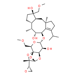 ChemSpider 2D Image | (1R,3aS,4R,5R,6R,9aR,10aS)-6-({(1S,2R,4S,5S,6R,8S,9S)-5-Hydroxy-2-(methoxymethyl)-9-methyl-9-[(2S)-2-oxiranyl]-3,7,10,11-tetraoxatricyclo[6.2.1.0~1,6~]undec-4-yl}oxy)-7-isopropyl-1-(methoxymethyl)-4,9
a-dimethyl-1,2,3,3a,4,5,6,8,9,9a,10,10a-dodecahydrodicyclopenta[a,d][8]annulene-1,5-diol (non-preferred name) | C33H52O11