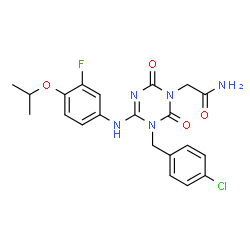 ChemSpider 2D Image | 2-[3-(4-Chlorobenzyl)-4-[(3-fluoro-4-isopropoxyphenyl)amino]-2,6-dioxo-3,6-dihydro-1,3,5-triazin-1(2H)-yl]acetamide | C21H21ClFN5O4