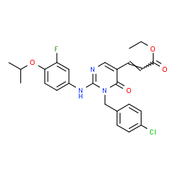 ChemSpider 2D Image | Ethyl (2E)-3-{1-(4-chlorobenzyl)-2-[(3-fluoro-4-isopropoxyphenyl)amino]-6-oxo-1,6-dihydro-5-pyrimidinyl}acrylate | C25H25ClFN3O4