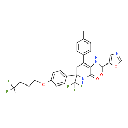 ChemSpider 2D Image | N-[4-(4-Methylphenyl)-2-oxo-6-[4-(4,4,4-trifluorobutoxy)phenyl]-6-(trifluoromethyl)-1,2,5,6-tetrahydro-3-pyridinyl]-1,3-oxazole-5-carboxamide | C27H23F6N3O4