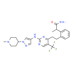 ChemSpider 2D Image | 2-(2-{2-[2-{[1-(1-Methyl-4-piperidinyl)-1H-pyrazol-4-yl]amino}-5-(trifluoromethyl)-4-pyrimidinyl]ethyl}phenyl)propanamide | C25H30F3N7O