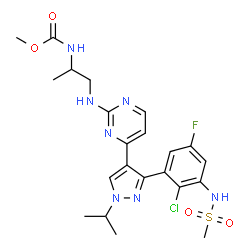 ChemSpider 2D Image | Methyl (1-{[4-(3-{2-chloro-5-fluoro-3-[(methylsulfonyl)amino]phenyl}-1-isopropyl-1H-pyrazol-4-yl)-2-pyrimidinyl]amino}-2-propanyl)carbamate | C22H27ClFN7O4S