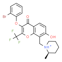 ChemSpider 2D Image | (2R)-1-{[3-(2-Bromophenoxy)-7-hydroxy-4-oxo-2-(trifluoromethyl)-4H-chromen-8-yl]methyl}-2-methylpiperidinium | C23H22BrF3NO4