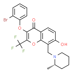 ChemSpider 2D Image | 3-(2-Bromophenoxy)-7-hydroxy-8-{[(2S)-2-methyl-1-piperidinyl]methyl}-2-(trifluoromethyl)-4H-chromen-4-one | C23H21BrF3NO4