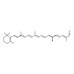 ChemSpider 2D Image | (2E,4E,6E,8E,10E,12E,14E,16E)-2,6,11,15-Tetramethyl-17-(2,6,6-trimethyl-1-cyclohexen-1-yl)-2,4,6,8,10,12,14,16-heptadecaoctaenal | C30H40O