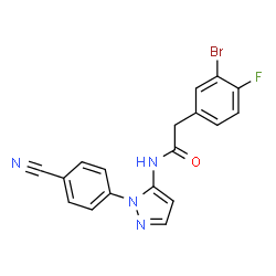 ChemSpider 2D Image | 2-(3-Bromo-4-fluorophenyl)-N-[1-(4-cyanophenyl)-1H-pyrazol-5-yl]acetamide | C18H12BrFN4O