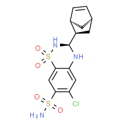 ChemSpider 2D Image | (3S)-3-[(1R,2R,4R)-Bicyclo[2.2.1]hept-5-en-2-yl]-6-chloro-3,4-dihydro-2H-1,2,4-benzothiadiazine-7-sulfonamide 1,1-dioxide | C14H16ClN3O4S2