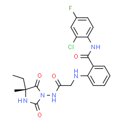 ChemSpider 2D Image | N-(2-Chloro-4-fluorophenyl)-2-[(2-{[(4R)-4-ethyl-4-methyl-2,5-dioxo-1-imidazolidinyl]amino}-2-oxoethyl)amino]benzamide | C21H21ClFN5O4