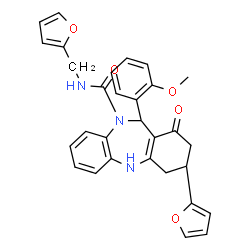 ChemSpider 2D Image | (3R,11S)-3-(2-Furyl)-N-(2-furylmethyl)-11-(2-methoxyphenyl)-1-oxo-1,2,3,4,5,11-hexahydro-10H-dibenzo[b,e][1,4]diazepine-10-carboxamide | C30H27N3O5