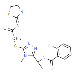 ChemSpider 2D Image | 2-Fluoro-N-{(1R)-1-[4-methyl-5-({2-oxo-2-[(Z)-1,3-thiazolidin-2-ylideneamino]ethyl}sulfanyl)-4H-1,2,4-triazol-3-yl]ethyl}benzamide | C17H19FN6O2S2