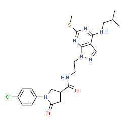 ChemSpider 2D Image | (3R)-1-(4-Chlorophenyl)-N-{2-[4-(isobutylamino)-6-(methylsulfanyl)-1H-pyrazolo[3,4-d]pyrimidin-1-yl]ethyl}-5-oxo-3-pyrrolidinecarboxamide | C23H28ClN7O2S