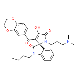 ChemSpider 2D Image | (3S)-1-Butyl-3'-(2,3-dihydro-1,4-benzodioxin-6-ylcarbonyl)-1'-[3-(dimethylamino)propyl]-4'-hydroxyspiro[indole-3,2'-pyrrole]-2,5'(1H,1'H)-dione | C29H33N3O6
