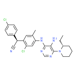 ChemSpider 2D Image | (2S)-[4-({5-Amino-6-[(2R)-2-ethyl-1-piperidinyl]-4-pyrimidinyl}amino)-2-chloro-5-methylphenyl](4-chlorophenyl)acetonitrile | C26H28Cl2N6