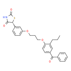 ChemSpider 2D Image | (5R)-5-{3-[3-(4-Benzoyl-2-propylphenoxy)propoxy]phenyl}-1,3-thiazolidine-2,4-dione | C28H27NO5S