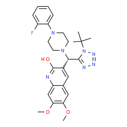 ChemSpider 2D Image | 3-{(S)-[4-(2-Fluorophenyl)-1-piperazinyl][1-(2-methyl-2-propanyl)-1H-tetrazol-5-yl]methyl}-6,7-dimethoxy-2-quinolinol | C27H32FN7O3