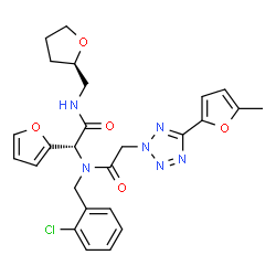 ChemSpider 2D Image | N-(2-Chlorobenzyl)-N-[(1R)-1-(2-furyl)-2-oxo-2-{[(2R)-tetrahydro-2-furanylmethyl]amino}ethyl]-2-[5-(5-methyl-2-furyl)-2H-tetrazol-2-yl]acetamide | C26H27ClN6O5