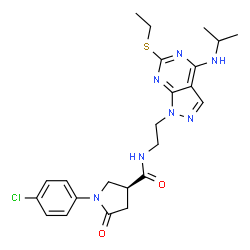 ChemSpider 2D Image | (3S)-1-(4-Chlorophenyl)-N-{2-[6-(ethylsulfanyl)-4-(isopropylamino)-1H-pyrazolo[3,4-d]pyrimidin-1-yl]ethyl}-5-oxo-3-pyrrolidinecarboxamide | C23H28ClN7O2S