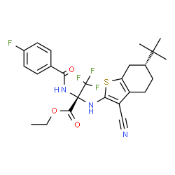 ChemSpider 2D Image | Ethyl 2-{[(6R)-3-cyano-6-(2-methyl-2-propanyl)-4,5,6,7-tetrahydro-1-benzothiophen-2-yl]amino}-3,3,3-trifluoro-N-(4-fluorobenzoyl)-L-alaninate | C25H27F4N3O3S