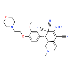 ChemSpider 2D Image | (8R,8aS)-6-Amino-8-{3-methoxy-4-[2-(4-morpholinyl)ethoxy]phenyl}-2-methyl-2,3,8,8a-tetrahydro-5,7,7(1H)-isoquinolinetricarbonitrile | C26H30N6O3