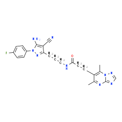 ChemSpider 2D Image | N-{3-[5-Amino-4-cyano-1-(4-fluorophenyl)-1H-pyrazol-3-yl]propyl}-3-(5,7-dimethyl[1,2,4]triazolo[1,5-a]pyrimidin-6-yl)propanamide | C23H24FN9O