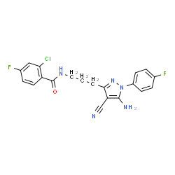 ChemSpider 2D Image | N-{3-[5-Amino-4-cyano-1-(4-fluorophenyl)-1H-pyrazol-3-yl]propyl}-2-chloro-4-fluorobenzamide | C20H16ClF2N5O