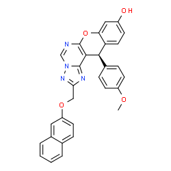 ChemSpider 2D Image | (12R)-12-(4-Methoxyphenyl)-2-[(2-naphthyloxy)methyl]-12H-chromeno[3,2-e][1,2,4]triazolo[1,5-c]pyrimidin-9-ol | C30H22N4O4