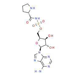 ChemSpider 2D Image | [(2S,3S,4S,5S)-5-(6-Amino-9H-purin-9-yl)-3,4-dihydroxytetrahydro-2-furanyl]methyl [(2S)-2-pyrrolidinylcarbonyl]sulfamate (non-preferred name) | C15H21N7O7S