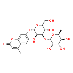 ChemSpider 2D Image | 4-Methyl-2-oxo-2H-chromen-7-yl 3-O-(6-deoxy-alpha-L-gulopyranosyl)-beta-D-gulopyranoside | C22H28O12