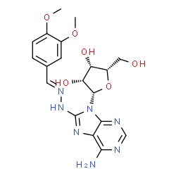 ChemSpider 2D Image | 8-[(2E)-2-(3,4-Dimethoxybenzylidene)hydrazino]-9-(beta-L-lyxofuranosyl)-9H-purin-6-amine | C19H23N7O6