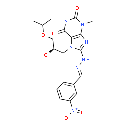 ChemSpider 2D Image | 7-[(2R)-2-Hydroxy-3-isopropoxypropyl]-3-methyl-8-[(2E)-2-(3-nitrobenzylidene)hydrazino]-3,7-dihydro-1H-purine-2,6-dione | C19H23N7O6