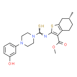 ChemSpider 2D Image | 4-(3-Hydroxyphenyl)-N-[(6R)-3-(methoxycarbonyl)-6-methyl-4,5,6,7-tetrahydro-1-benzothiophen-2-yl]-1-piperazinecarbimidothioic acid | C22H27N3O3S2
