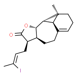 ChemSpider 2D Image | (3R,3aS,6aR,7S,7aS,7bS)-3-[(2Z)-3-Iodo-2-buten-1-yl]-7-methyloctahydro-2H-7,6-([1]propanyl[3]ylidene)cyclopropa[6,7]cyclohepta[1,2-b]furan-2-one | C18H23IO2