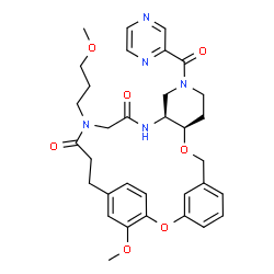 ChemSpider 2D Image | (10R,15S)-25-Methoxy-19-(3-methoxypropyl)-13-(2-pyrazinylcarbonyl)-2,9-dioxa-13,16,19-triazatetracyclo[21.2.2.1~3,7~.0~10,15~]octacosa-1(25),3(28),4,6,23,26-hexaene-17,20-dione | C33H39N5O7