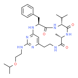 ChemSpider 2D Image | (3S,6R,9S)-3-Benzyl-16-[(2-isopropoxyethyl)amino]-6-isopropyl-9-methyl-2,5,8,11,15,17-hexaazabicyclo[12.3.1]octadeca-1(18),14,16-triene-4,7,10-trione | C28H41N7O4