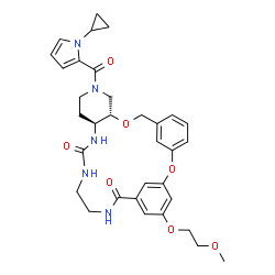 ChemSpider 2D Image | (10S,15S)-12-[(1-Cyclopropyl-1H-pyrrol-2-yl)carbonyl]-25-(2-methoxyethoxy)-2,9-dioxa-12,16,18,21-tetraazatetracyclo[21.3.1.1~3,7~.0~10,15~]octacosa-1(27),3(28),4,6,23,25-hexaene-17,22-dione | C33H39N5O7