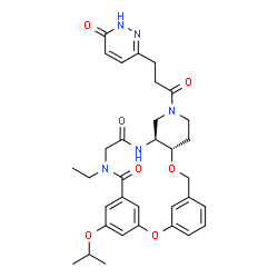 ChemSpider 2D Image | (10S,15S)-19-Ethyl-23-isopropoxy-13-[3-(6-oxo-1,6-dihydro-3-pyridazinyl)propanoyl]-2,9-dioxa-13,16,19-triazatetracyclo[19.3.1.1~3,7~.0~10,15~]hexacosa-1(25),3(26),4,6,21,23-hexaene-17,20-dione | C33H39N5O7