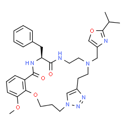 ChemSpider 2D Image | (14S)-14-Benzyl-19-[(2-isopropyl-1,3-oxazol-4-yl)methyl]-7-methoxy-5-oxa-1,13,16,19,23,24-hexaazatricyclo[20.2.1.0~6,11~]pentacosa-6,8,10,22(25),23-pentaene-12,15-dione | C33H41N7O5