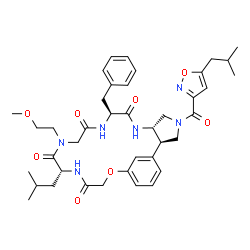 ChemSpider 2D Image | (2R,6S,9S,15R)-9-Benzyl-15-isobutyl-4-[(5-isobutyl-1,2-oxazol-3-yl)carbonyl]-13-(2-methoxyethyl)-19-oxa-4,7,10,13,16-pentaazatricyclo[18.3.1.0~2,6~]tetracosa-1(24),20,22-triene-8,11,14,17-tetrone | C40H52N6O8
