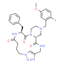 ChemSpider 2D Image | (5R,12S)-12-Benzyl-7-(2-fluoro-5-methoxybenzyl)-3,7,10,13,18,19,20-heptaazatricyclo[16.2.1.0~5,10~]henicosa-1(21),19-diene-4,11,14-trione | C29H34FN7O4
