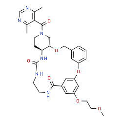 ChemSpider 2D Image | (10S,15S)-12-[(4,6-Dimethyl-5-pyrimidinyl)carbonyl]-25-(2-methoxyethoxy)-2,9-dioxa-12,16,18,21-tetraazatetracyclo[21.3.1.1~3,7~.0~10,15~]octacosa-1(27),3(28),4,6,23,25-hexaene-17,22-dione | C32H38N6O7