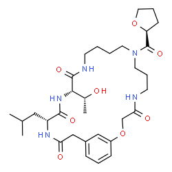ChemSpider 2D Image | (16S,19R)-16-[(1R)-1-Hydroxyethyl]-19-isobutyl-9-[(2S)-tetrahydro-2-furanylcarbonyl]-2-oxa-5,9,14,17,20-pentaazabicyclo[21.3.1]heptacosa-1(27),23,25-triene-4,15,18,21-tetrone | C32H49N5O8