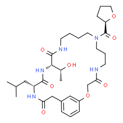 ChemSpider 2D Image | (16S,19R)-16-[(1R)-1-Hydroxyethyl]-19-isobutyl-9-[(2R)-tetrahydro-2-furanylcarbonyl]-2-oxa-5,9,14,17,20-pentaazabicyclo[21.3.1]heptacosa-1(27),23,25-triene-4,15,18,21-tetrone | C32H49N5O8