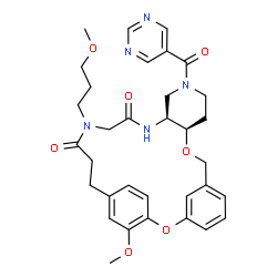 ChemSpider 2D Image | (10R,15S)-25-Methoxy-19-(3-methoxypropyl)-13-(5-pyrimidinylcarbonyl)-2,9-dioxa-13,16,19-triazatetracyclo[21.2.2.1~3,7~.0~10,15~]octacosa-1(25),3(28),4,6,23,26-hexaene-17,20-dione | C33H39N5O7