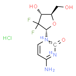ChemSpider 2D Image | 4-Amino-1-(2-deoxy-2,2-difluoro-alpha-D-erythro-pentofuranosyl)-2(1H)-(2-~13~C,~15~N_2_)pyrimidinone hydrochloride (1:1) | C813CH12ClF2N15N2O4